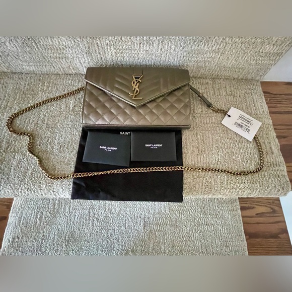 Saint Laurent Envelope Triquilt YSL Wallet on Chain Metallic Taupe BRAND NEW - Picture 7 of 11